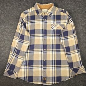 Legendary Whitetails Mens Tan Blue Plaid Flannel Button Shirt Outdoor Size M